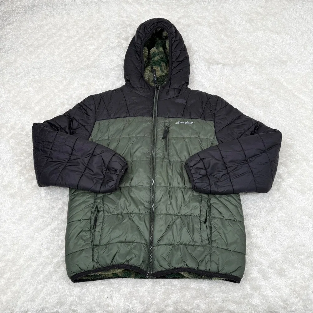Eddie Bauer Boy's L Large 14-16 Camo Reversible Zip Quilted Hooded Jacket Zip
